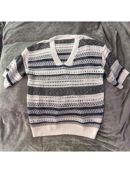 SHEIN Tops - Short Sleeve Pointelle Knit Striped Crochet V-Neck Sweater